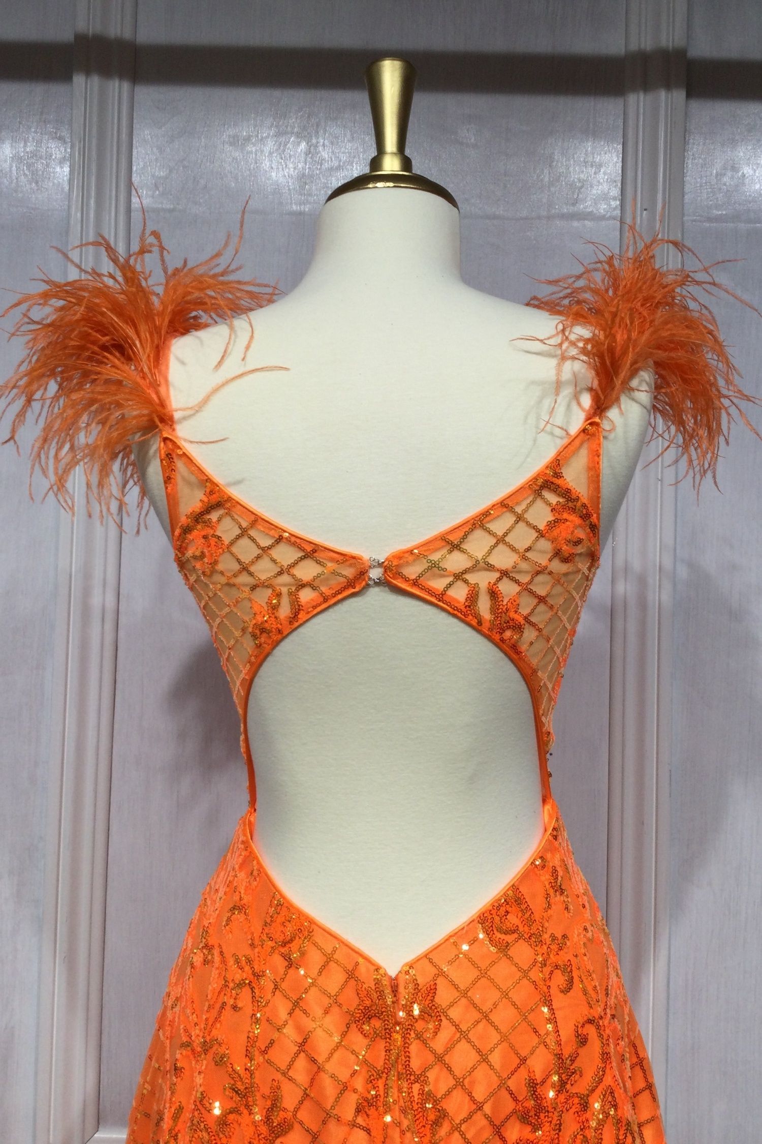 NEON ORANGE BALL GOWN WITH FEATHERS CDKV1076-3