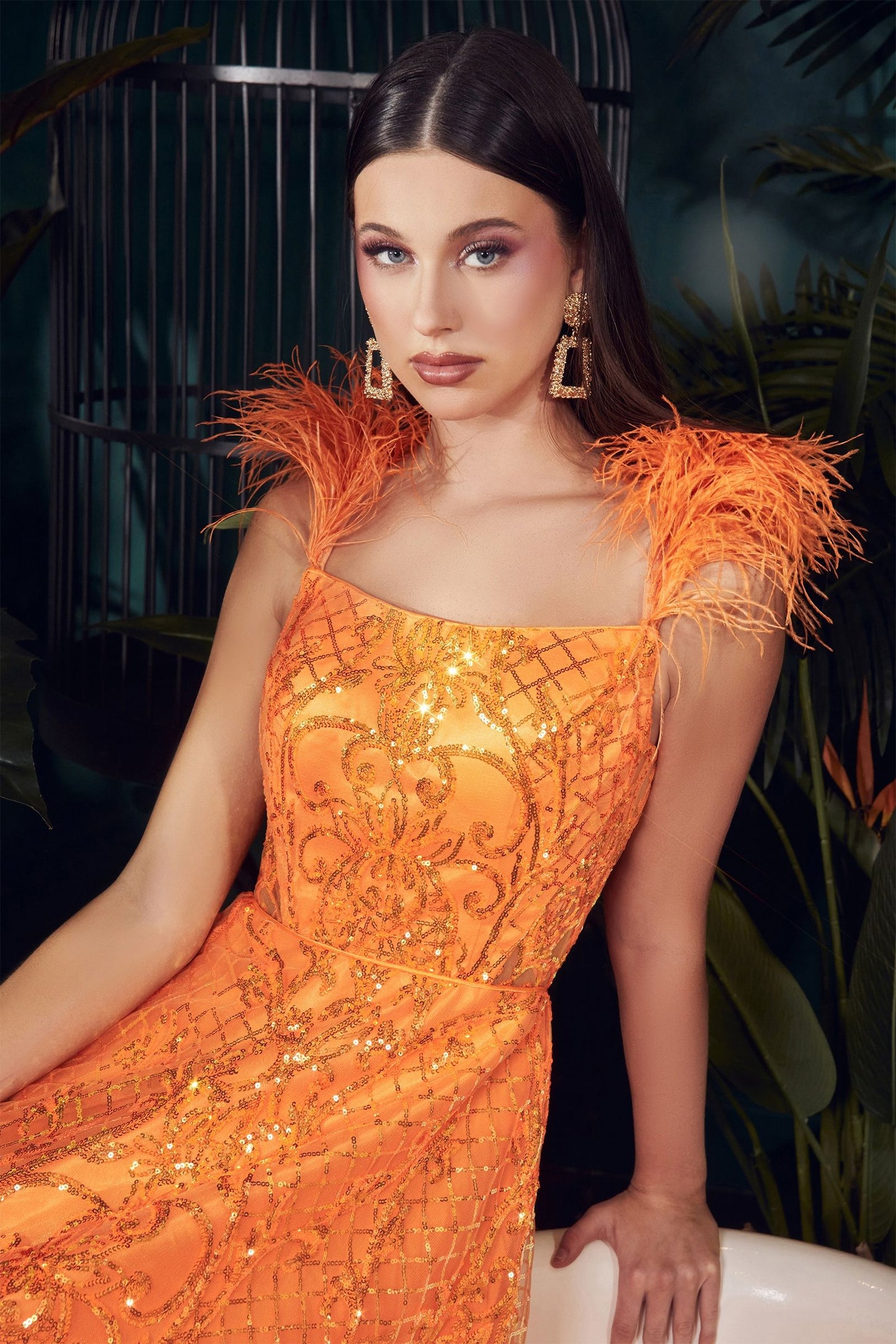 NEON ORANGE BALL GOWN WITH FEATHERS CDKV1076-1