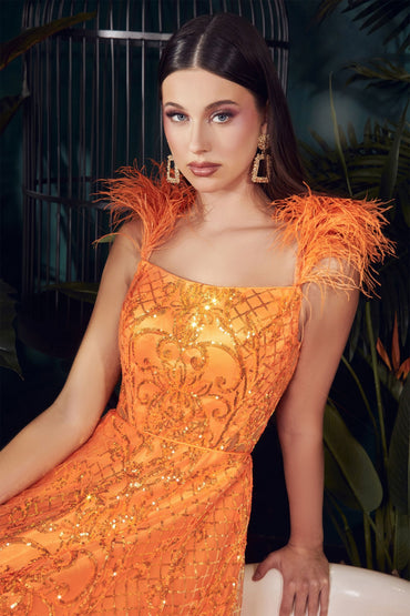 NEON ORANGE BALL GOWN WITH FEATHERS CDKV1076-1