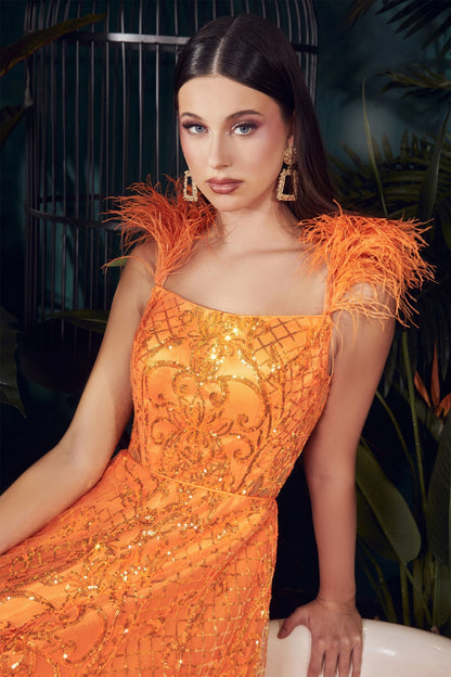 NEON ORANGE BALL GOWN WITH FEATHERS CDKV1076-1
