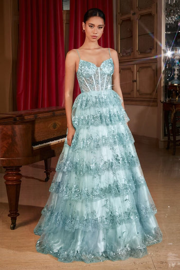 Layered Embellished Sequin A-Line Long Ball Dress CDKV1108