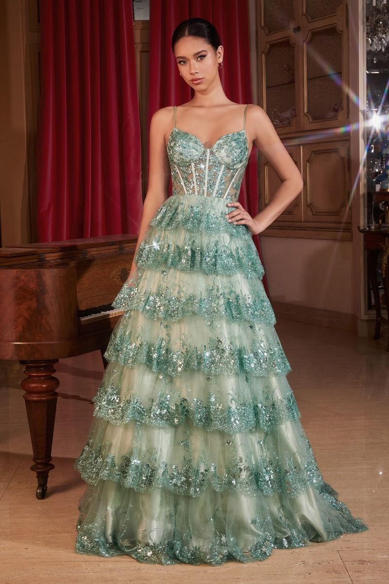 Layered Embellished Sequin A-Line Long Ball Dress CDKV1108