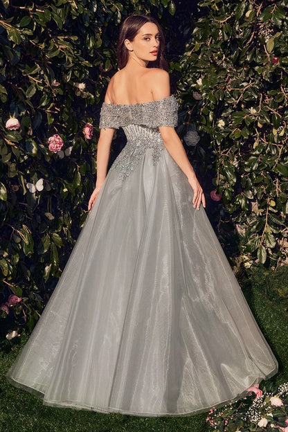 Silver Embellished Off-the-Shoulder Trumpet Gown with Detachable Overskirt CDMA103-2