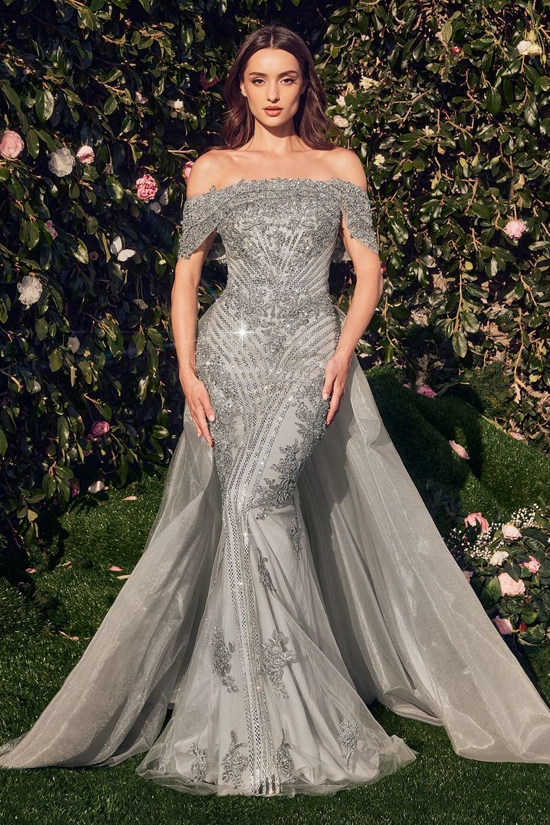 Silver Embellished Off-the-Shoulder Trumpet Gown with Detachable Overskirt CDMA103-0