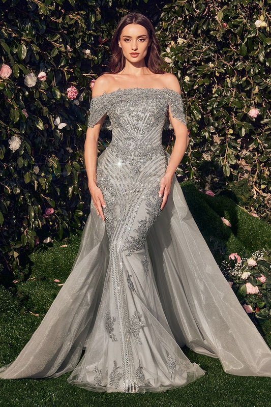 Silver Embellished Off-the-Shoulder Trumpet Gown with Detachable Overskirt CDMA103-0