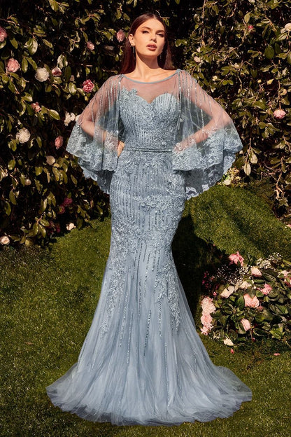 Maxi Tulle Mermaid Special Occasion Gown w/ Caplet & Sequins Embroidery CDMA105-3