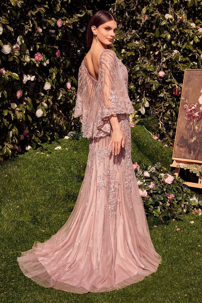 Maxi Tulle Mermaid Special Occasion Gown w/ Caplet & Sequins Embroidery CDMA105-2