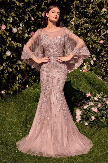 Maxi Tulle Mermaid Special Occasion Gown w/ Caplet & Sequins Embroidery CDMA105-1