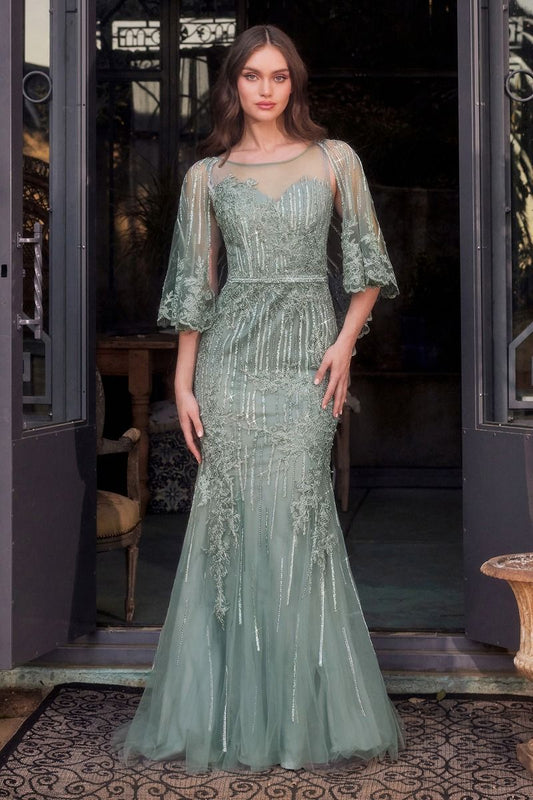 Maxi Tulle Mermaid Special Occasion Gown w/ Caplet & Sequins Embroidery CDMA105-0