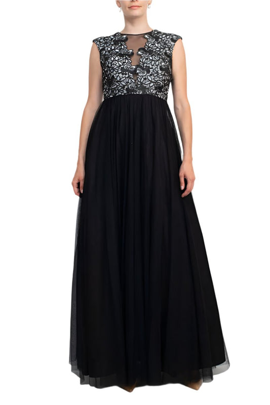 Aidan Mattox Crew Neck Illusion Sleeveless Floral Open Back Embroidered Bodice Ruched Mesh Dress-0