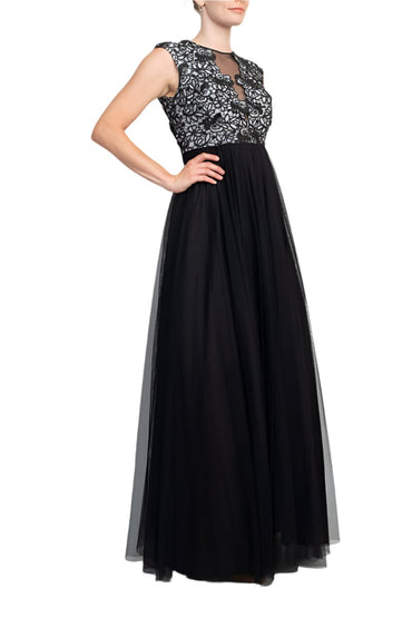 Aidan Mattox Crew Neck Illusion Sleeveless Floral Open Back Embroidered Bodice Ruched Mesh Dress-1