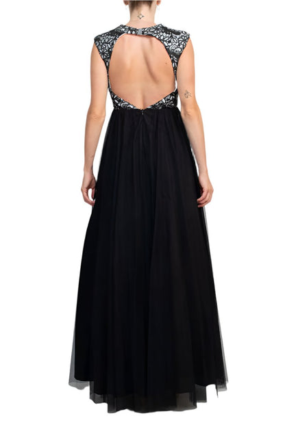 Aidan Mattox Crew Neck Illusion Sleeveless Floral Open Back Embroidered Bodice Ruched Mesh Dress-3