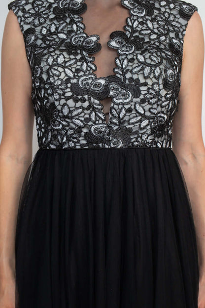 Aidan Mattox Crew Neck Illusion Sleeveless Floral Open Back Embroidered Bodice Ruched Mesh Dress-4