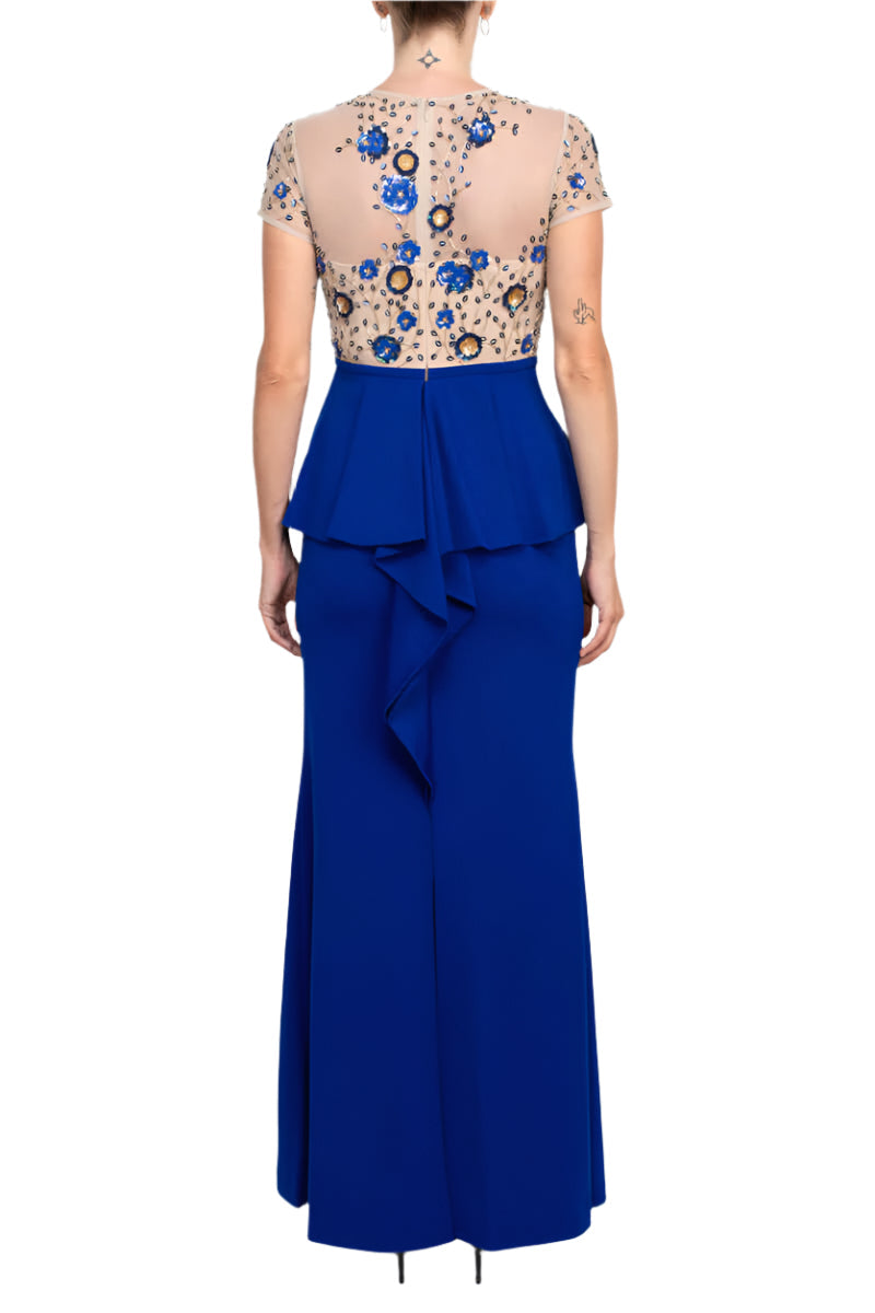 Aidan Mattox Crew Neck Short Sleeve Illusion Zipper Back Ruffled Embroidered Crepe Mesh Dress-2