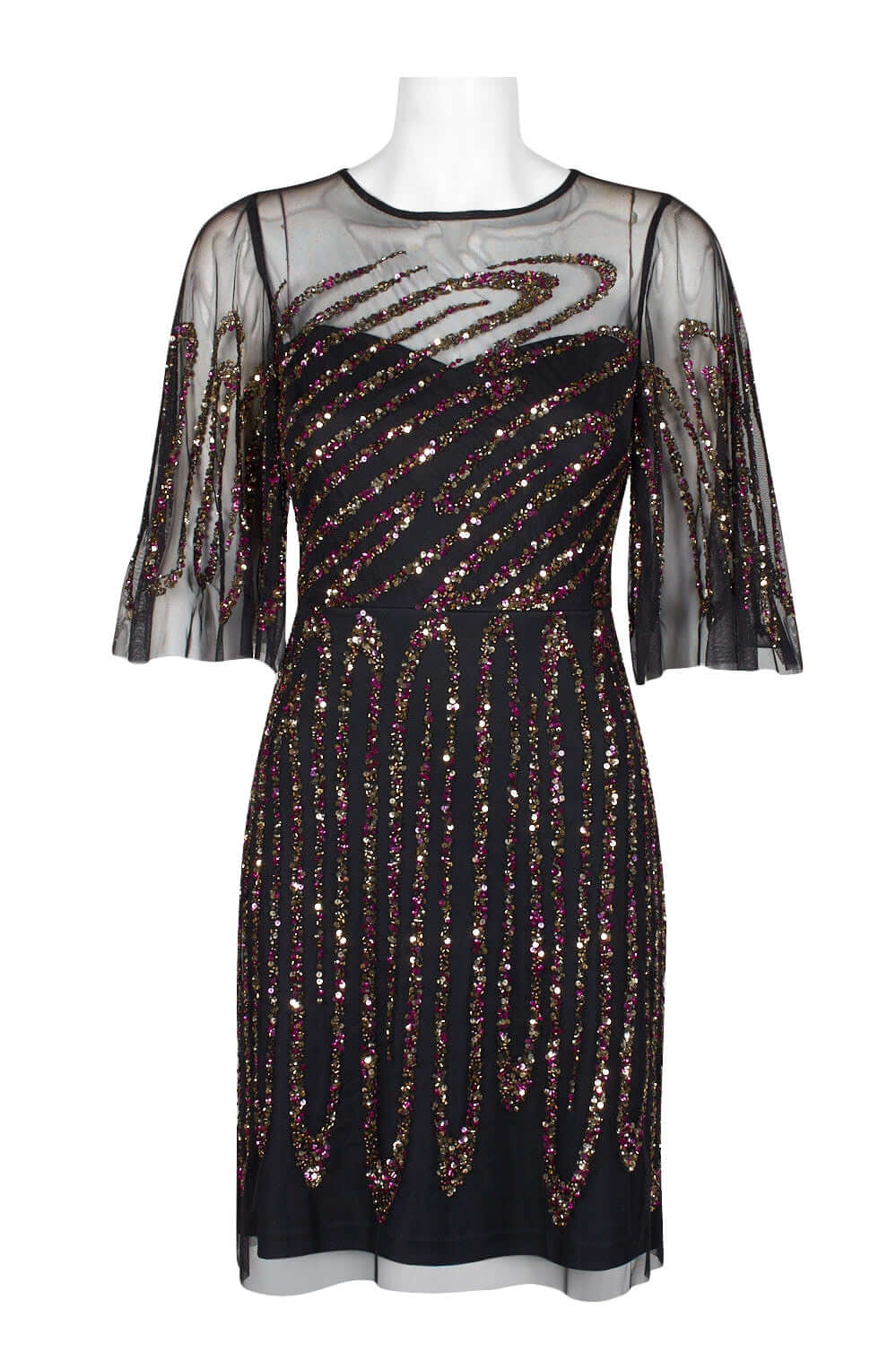 Aidan Mattox Crew Neck Illusion Embellished Sheath Keyhole Back Mesh Dress-0