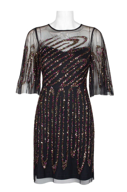 Aidan Mattox Crew Neck Illusion Embellished Sheath Keyhole Back Mesh Dress-0