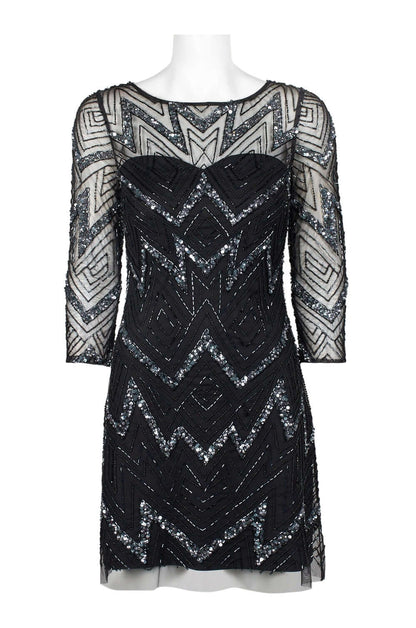Aidan Mattox Boat Neck Illusion 3/4 Sleeve Zipper Back Embellished Mesh Dress-2