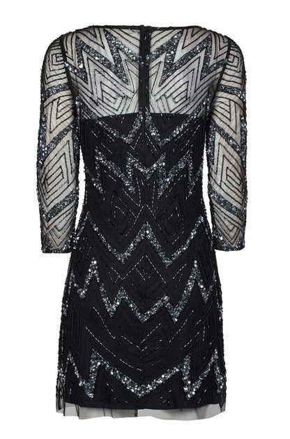 Aidan Mattox Boat Neck Illusion 3/4 Sleeve Zipper Back Embellished Mesh Dress-3