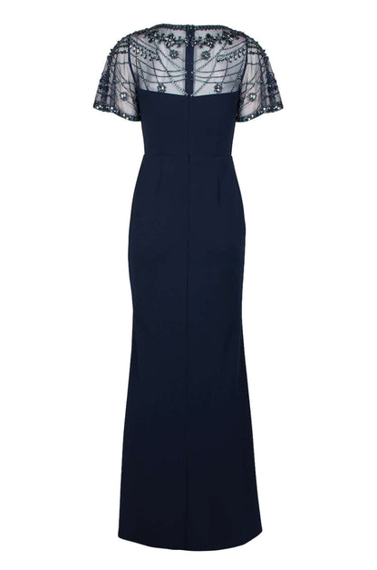 Aidan Mattox Boat Neck Short Sleeve Bodycon Slit Side Zipper Back Embellished Top Stretch Crepe Dress
