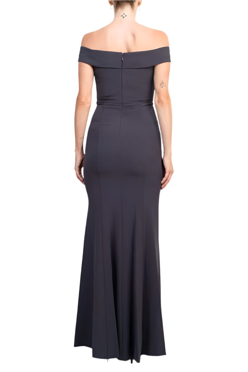 Aidan Mattox Off-Shoulder Crossed Front Zipper Back Mermaid Solid Crepe Dress-2