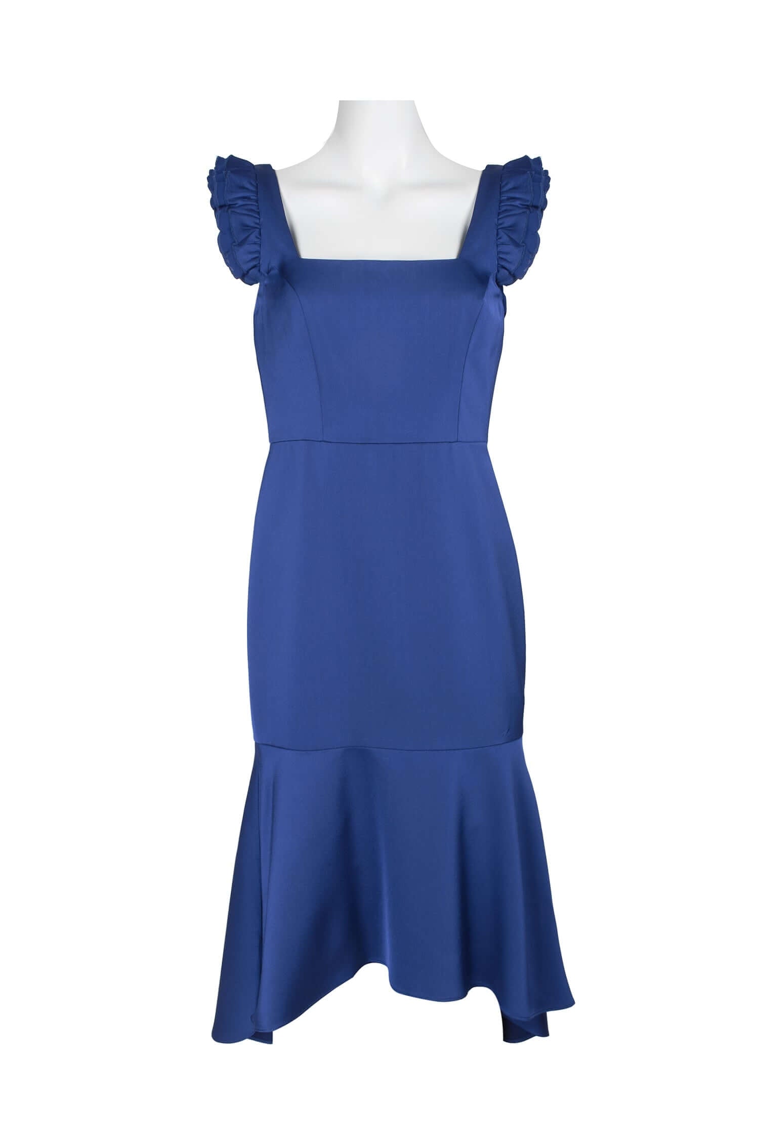 Aidan Mattox Square Neck Ruffled Shoulder Sleeveless High Low Hem Zipper Back Crepe Dress