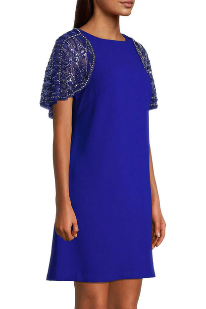 Aidan Mattox Boat Neck Embellished Mesh Cape Keyhole Back Button Closure Scuba Dress-2