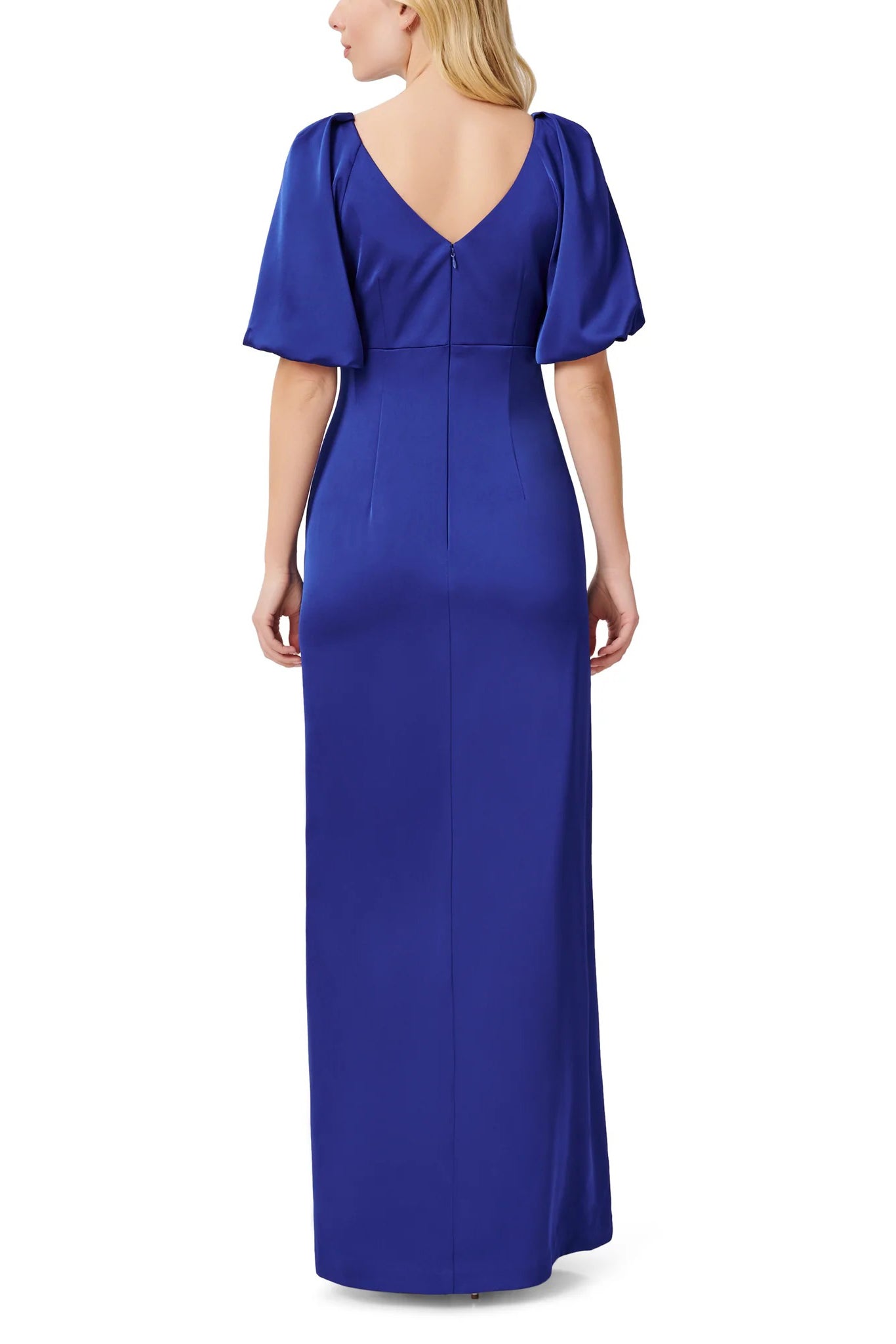 Aidan Mattox V-Neck Back Zipper Pleated Shoulders Short Sleeves Front Slit Opening Long Satin Gown-1