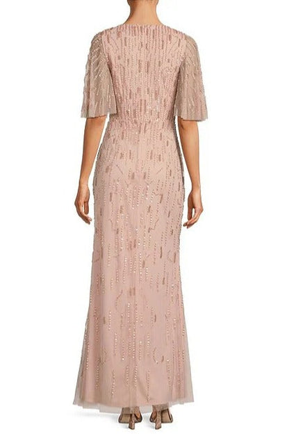 Aidan Mattox Beaded Mesh V-Neck short flutter sleeve gown-1