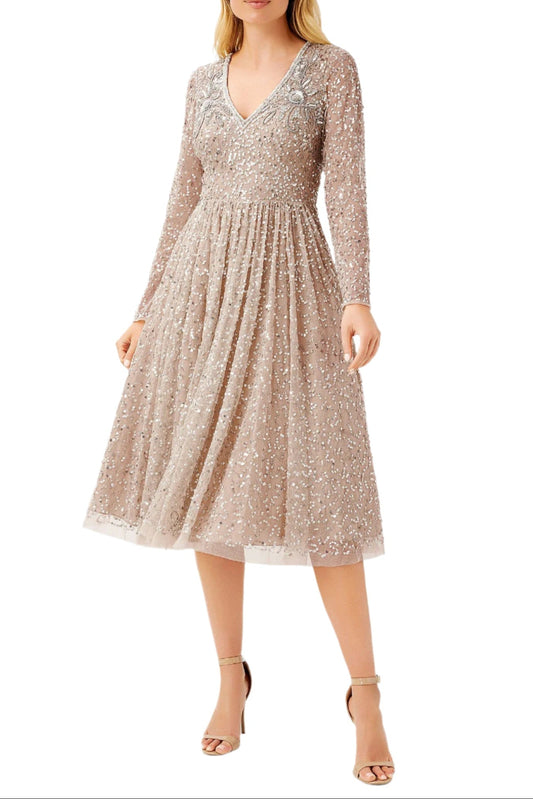 Aidan Mattox V Neck Long Sleeve Back Zipper Midi Beaded Dress-0