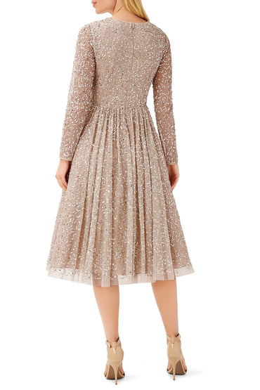 Aidan Mattox V Neck Long Sleeve Back Zipper Midi Beaded Dress-1