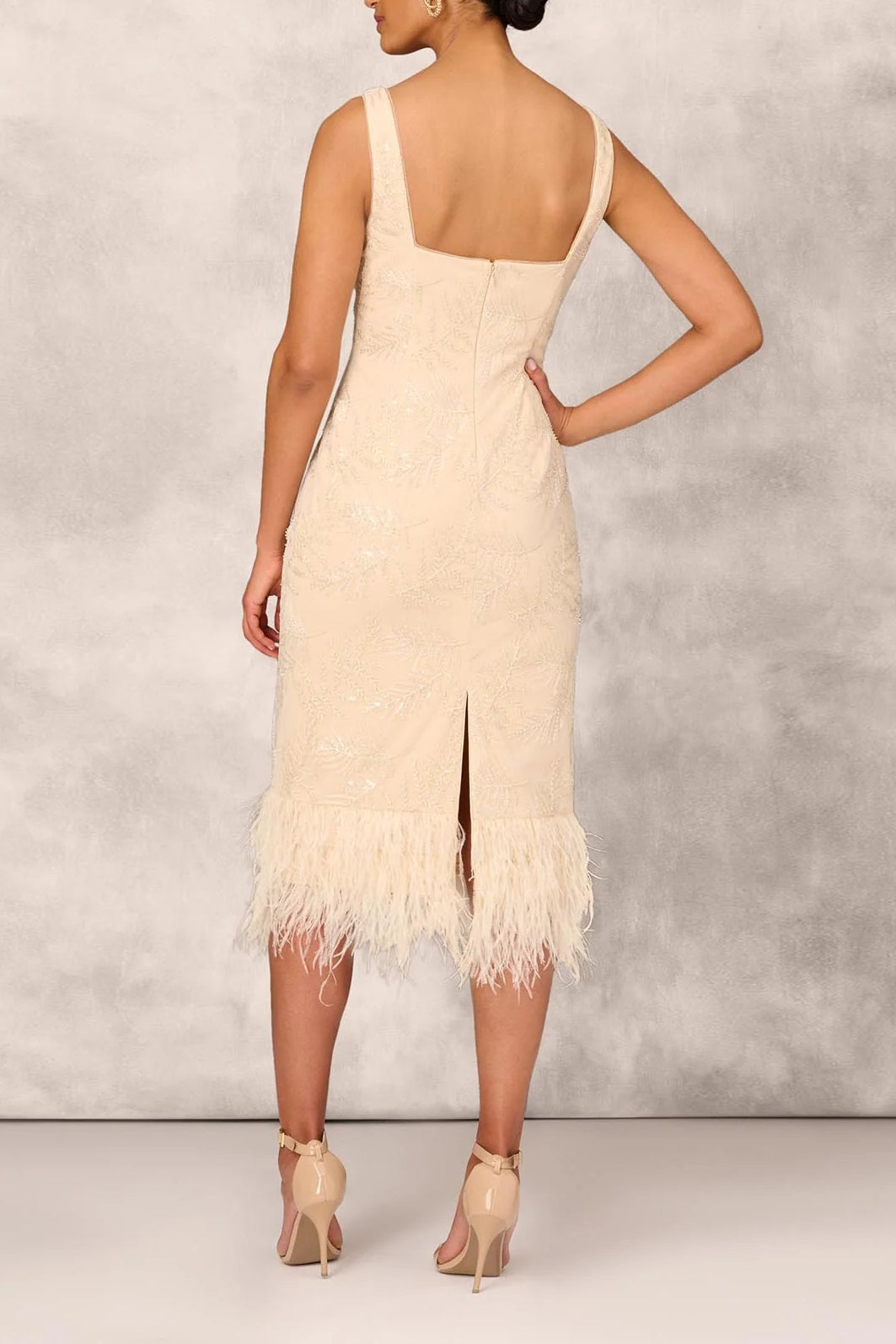 Aidan Mattox Square Neck Sleeveless Zipper Back Slit Back Feather Hem Mesh Dress