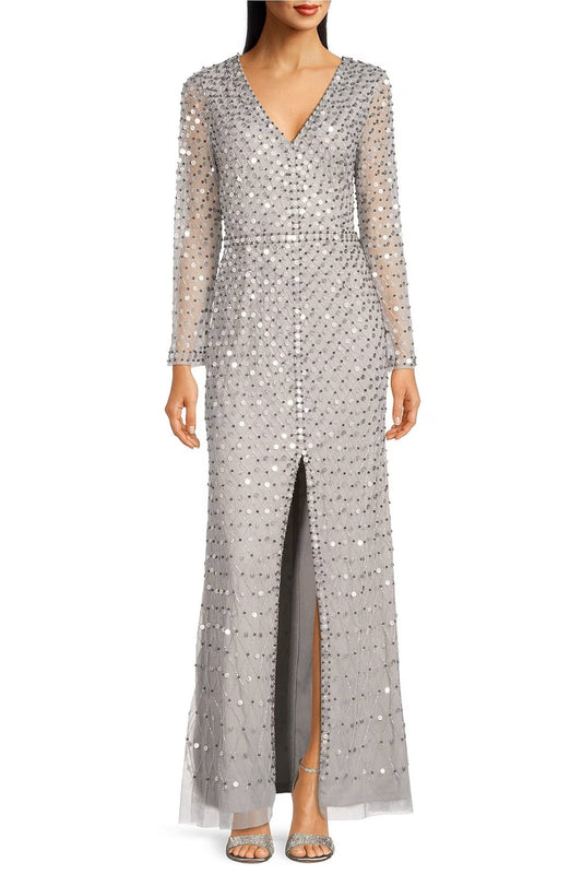 Aidan Mattox Sequined V-neck long sleeve slit front zipper back mesh dress-0