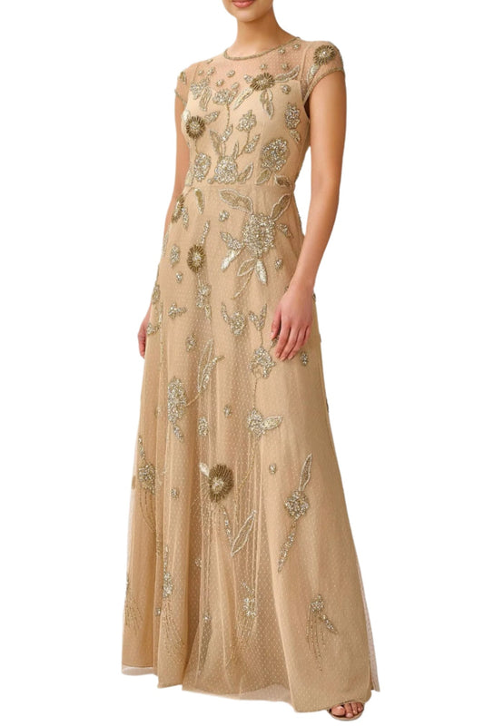 Aidan Mattox Illusion Crew Neck Cap Sleeve Zipper Back A-Line Beaded Mesh Gown-0