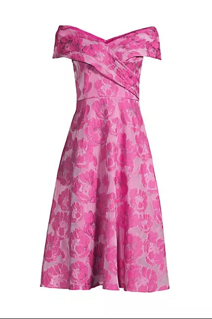 Aidan Mattox Floral Jacquard Off-The-Shoulder Midi-Dress
