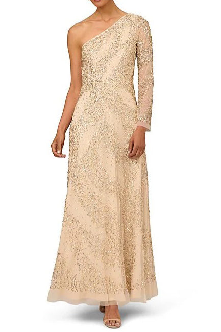 Aidan Mattox Beaded One Shoulder Long Sleeve A-Line Gown-0