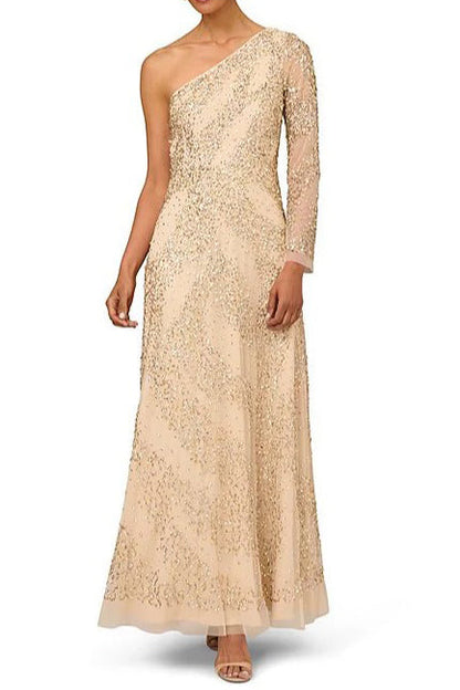 Aidan Mattox Beaded One Shoulder Long Sleeve A-Line Gown-0