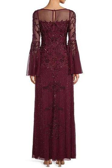 Aidan Mattox Beaded Illusion Boat Neck 3/4 Bell Sleeve A-Line Gown