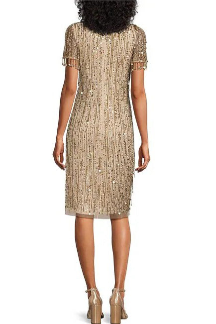 Aidan Mattox Beaded Sequin Crew Neck Short Sleeve Dress