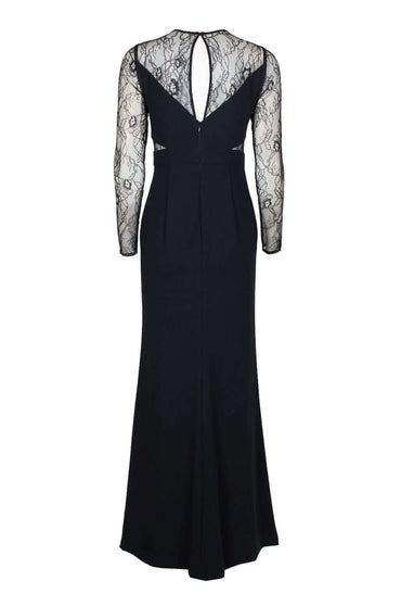 Aidan by Aidan Mattox Crew Neck Illusion Lace Bodice Long Sleeve Zipper Keyhole Back Pleated Crepe Twill Dress