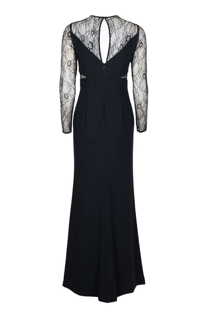 Aidan by Aidan Mattox Crew Neck Illusion Lace Bodice Long Sleeve Zipper Keyhole Back Pleated Crepe Twill Dress