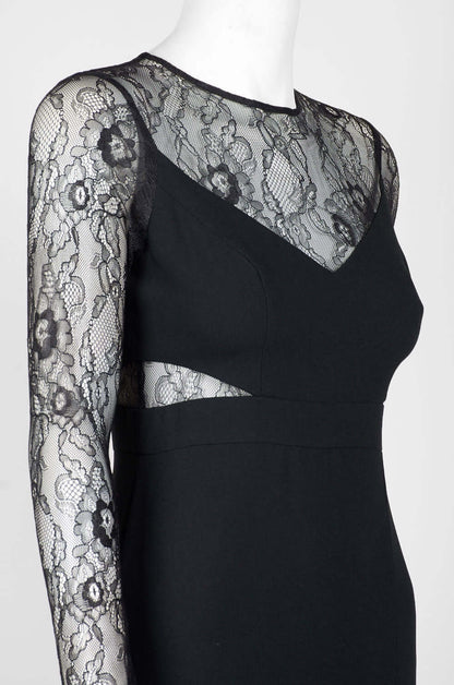 Aidan by Aidan Mattox Crew Neck Illusion Lace Bodice Long Sleeve Zipper Keyhole Back Pleated Crepe Twill Dress
