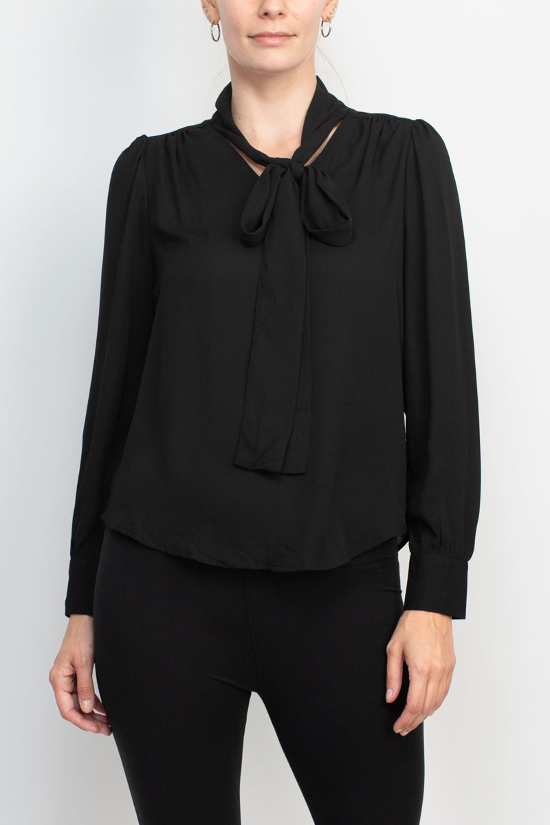 Zac & Rachel tie neck long sleeve solid crepe chiffon top