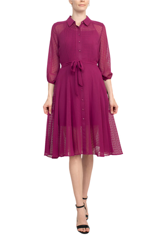 Nanette Lepore Collared 3/4 Sleeve Button Down Tie Waist Illusion Chiffon Dress-0