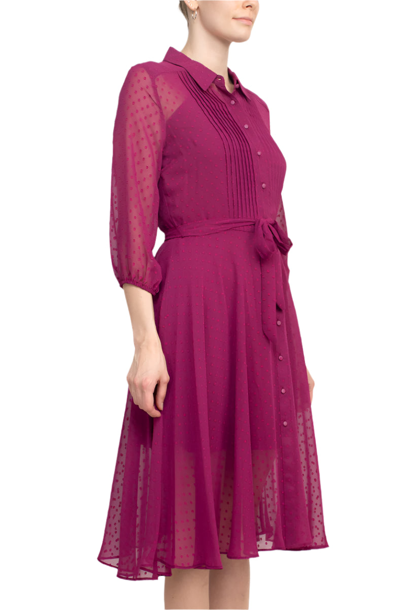 Nanette Lepore Collared 3/4 Sleeve Button Down Tie Waist Illusion Chiffon Dress-2