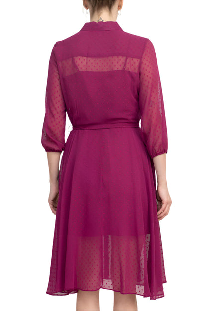 Nanette Lepore Collared 3/4 Sleeve Button Down Tie Waist Illusion Chiffon Dress-3
