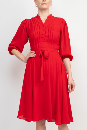 Nanette Lepore V-Neck 3/4 Sleeve Pleated Front Tie Waist A-Line Solid Crepe Dress