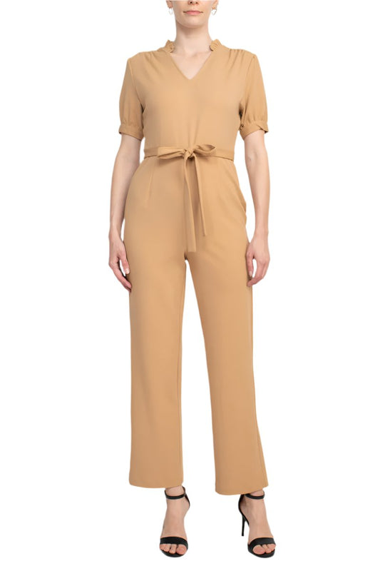 Nanette Lepore V-Neck Short Sleeve Tie Waist Solid Zipper Back Jumpsuit-0