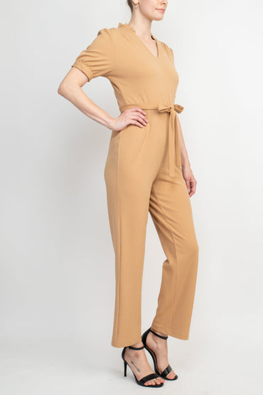 Nanette Lepore V-Neck Short Sleeve Tie Waist Solid Zipper Back Jumpsuit-1
