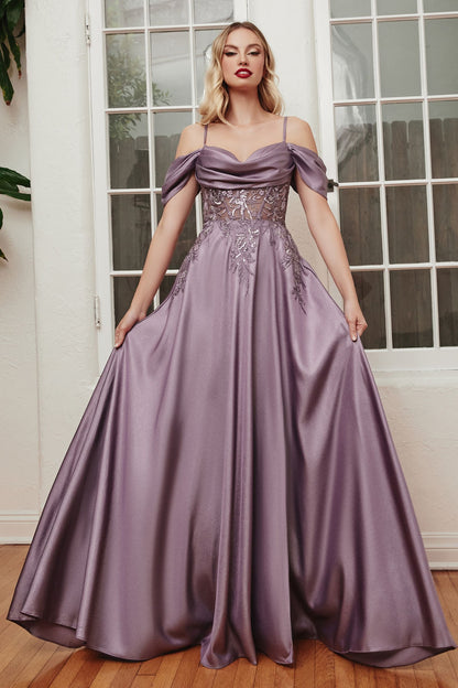 SATIN OFF THE SHOULDER A-LINE GOWN CDOC012-3