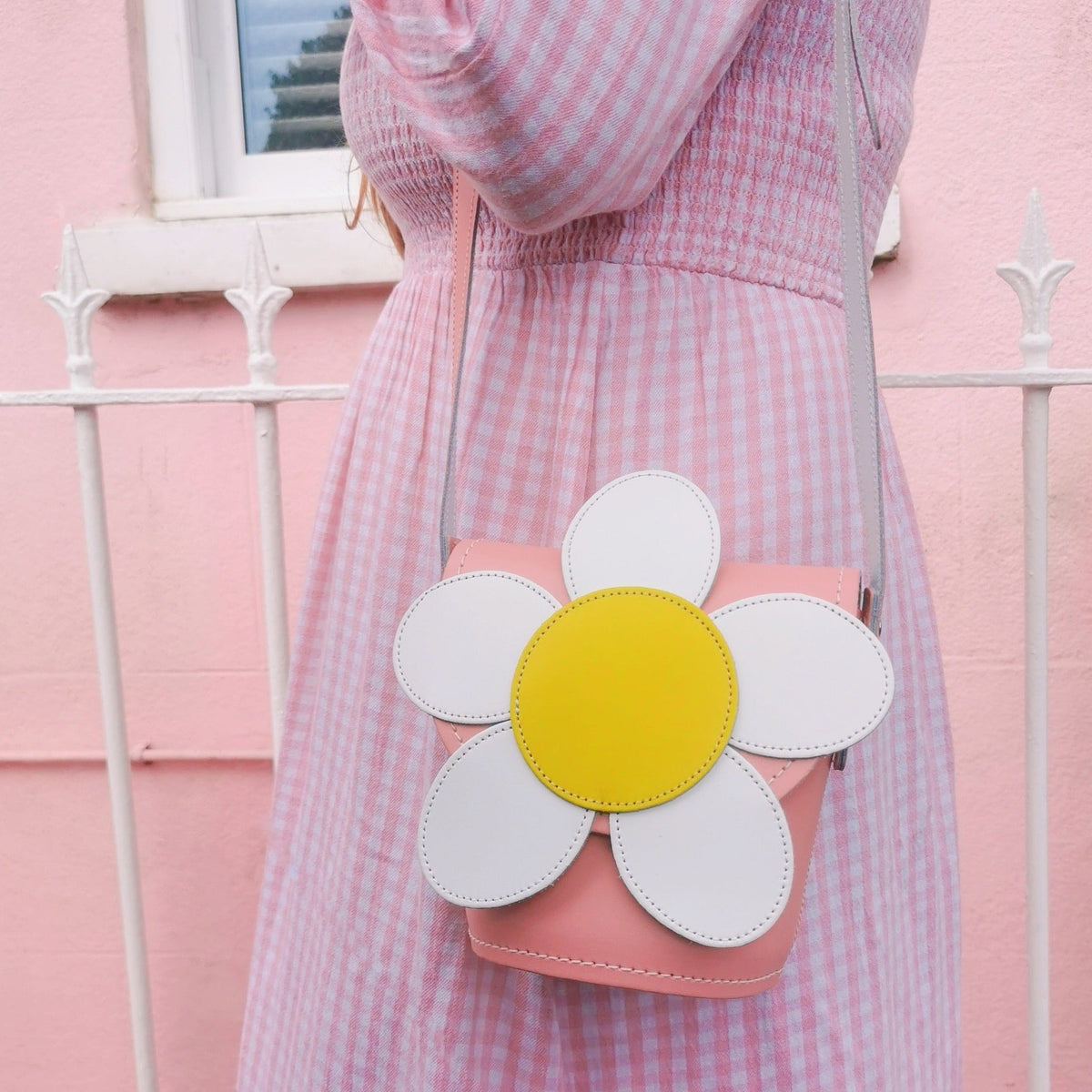 Handmade Leather Daisy Barrel Bag - Pastel Pink-1